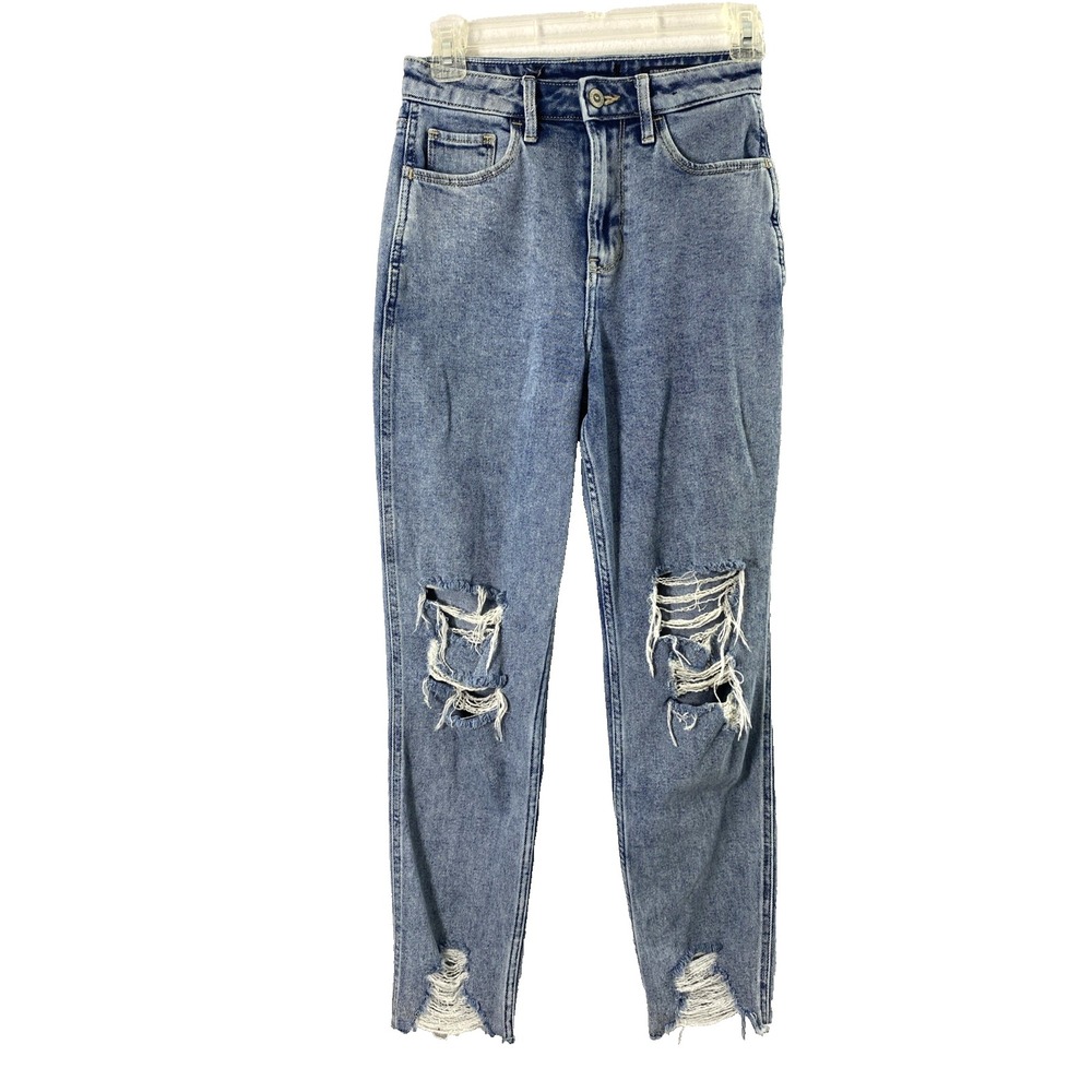 Hollister Jeans Womens 24" Waist Ultra High Rise Mom Destroyed Denim Raw‎ Hem